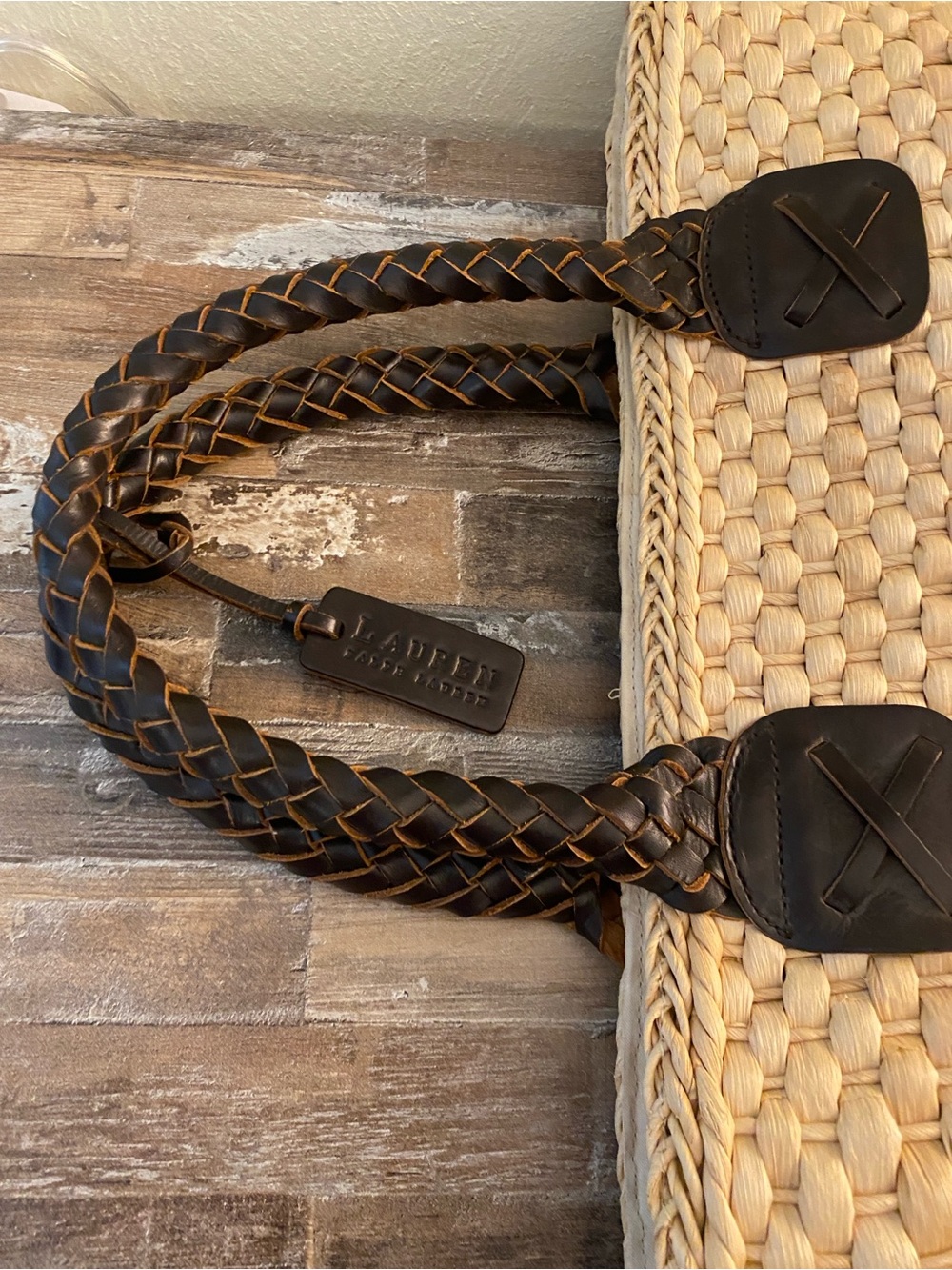 Ralph Lauren Cream Woven Tote with Brown Braided Handles - Picture 12 of 15